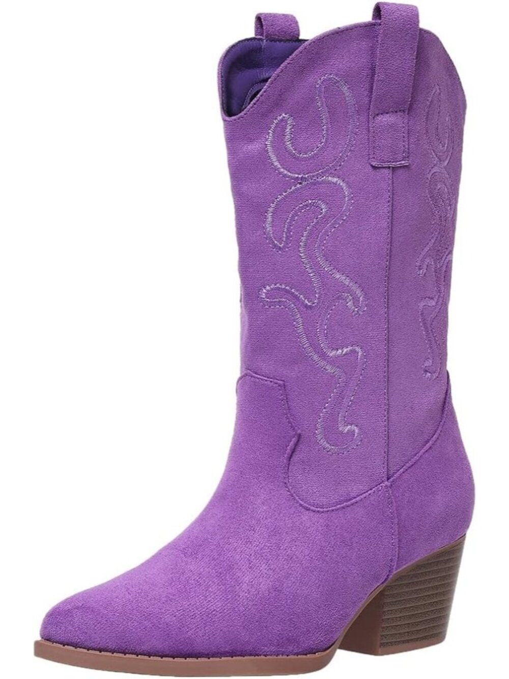 Women's Purple Cowgirl Boots Mid Calf Chunky Heels Western Embroidered Concerts